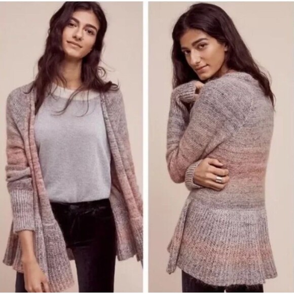 KNITTED & KNOTTED Anthropologie Cardigan Open Waterfall Mohair Wool Ombre Gray S - Picture 11 of 11